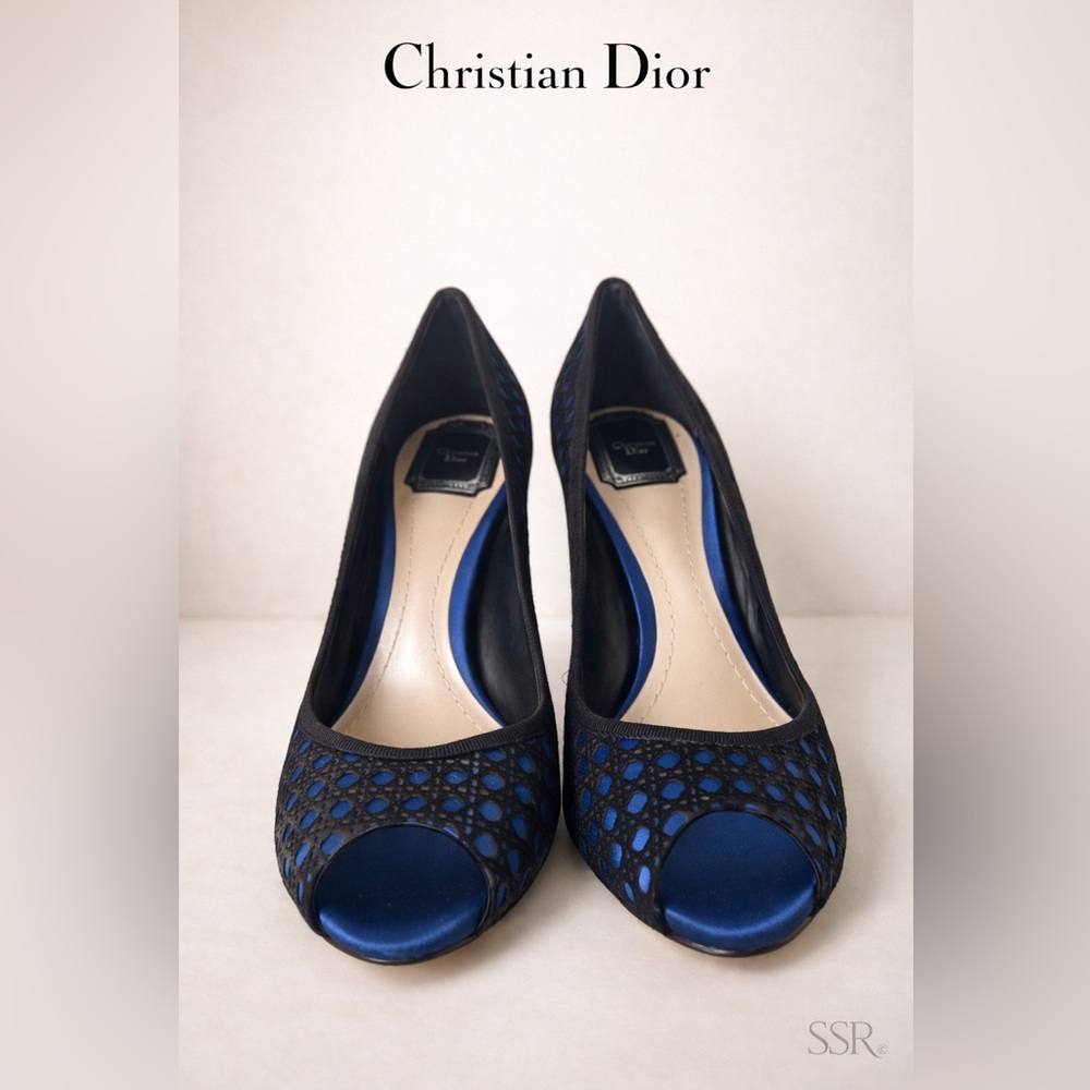 Christian Dior Black & Blue Mesh Peep Toe Pumps Size 39.5 | Made in Italy